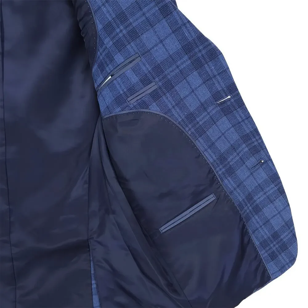 Bar III Mens Slim Fit Sport Coat Blazer 46R Blue Plaid Linen Cotton Blend NWT